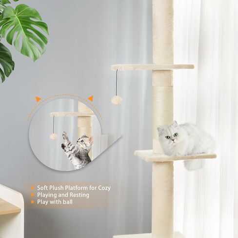 Floor to Ceiling Cat Tree, Cat Tower with Adjustable Height 98-110 Inches, 5 Tiers Tall Cat Tree Floor to Ceiling with Cozy Bed,Platforms, Sisal Scratching Posts for Cats Gray in Saudi Arabia