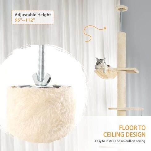 Floor to Ceiling Cat Tree, Cat Tower with Adjustable Height 98-110 Inches, 5 Tiers Tall Cat Tree Floor to Ceiling with Cozy Bed,Platforms, Sisal Scratching Posts for Cats Gray in Saudi Arabia