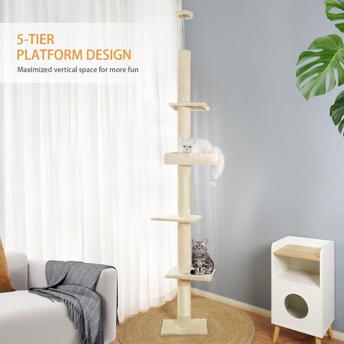 Floor to Ceiling Cat Tree, Cat Tower with Adjustable Height 98-110 Inches, 5 Tiers Tall Cat Tree Floor to Ceiling with Cozy Bed,Platforms, Sisal Scratching Posts for Cats Gray in Saudi Arabia