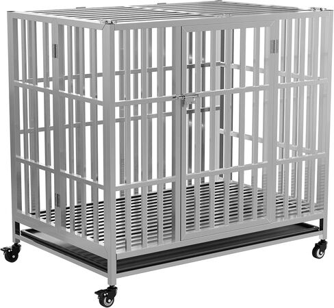 37" 42" 48" Heavy Duty Dog cage Stainless Steel Metal Kennel and Crate, Collapsible for Medium to Large Dogs, Easy to Assemble pet Pen with Four Lockable Wheels, Black Tray (48in-sm) in Kuwait