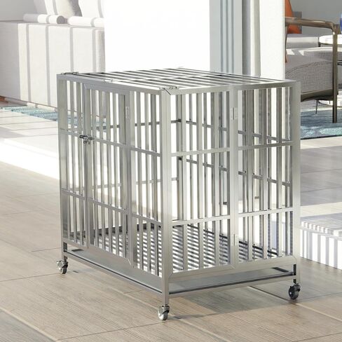 37" 42" 48" Heavy Duty Dog cage Stainless Steel Metal Kennel and Crate, Collapsible for Medium to Large Dogs, Easy to Assemble pet Pen with Four Lockable Wheels, Black Tray (48in-sm) in Kuwait