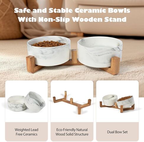 Dog Bowls Set with Wood Stand, 1.7-Cup Ceramic Puppy Bowls for Small Dogs,Weighted Food Water Bowl Set for Dog and Cat in Saudi Arabia