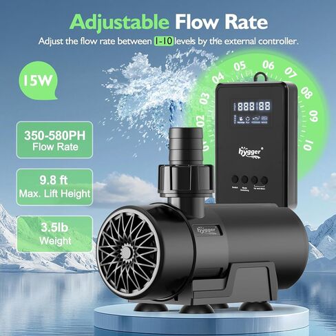 مضخة مياه hygger 15W-100W مع وحدة تحكم (تصل إلى 3430GPH)، مضخة إرجاع غاطسة/مضمنة مع وضع/تدفق قابل للتعديل، 2 مضخة نافورة مع غطاء مدخل و3 فوهات، لخزان الأسماك، البركة، حوض السمك in Kuwait
