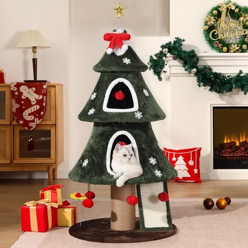 Garsing Christmas Cat Tree Tower for Indoor Cats, Christmas Cat Houses with 2 Cozy Condos, Kitty Furniture with Climbing Ladder & Sisal Scratching Posts for Holiday Decoration in Saudi Arabia