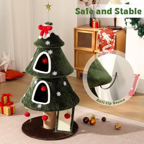 Garsing Christmas Cat Tree Tower for Indoor Cats, Christmas Cat Houses with 2 Cozy Condos, Kitty Furniture with Climbing Ladder & Sisal Scratching Posts for Holiday Decoration in Saudi Arabia