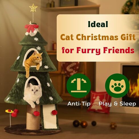 Garsing Christmas Cat Tree Tower for Indoor Cats, Christmas Cat Houses with 2 Cozy Condos, Kitty Furniture with Climbing Ladder & Sisal Scratching Posts for Holiday Decoration in Saudi Arabia