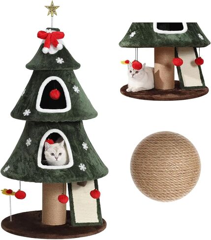 Garsing Christmas Cat Tree Tower for Indoor Cats, Christmas Cat Houses with 2 Cozy Condos, Kitty Furniture with Climbing Ladder & Sisal Scratching Posts for Holiday Decoration in Saudi Arabia