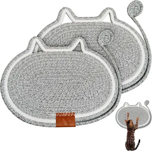 2 PC Cat Scratcher Mat - Natural Cotton Rope Oval Horizontal Scratch Pad (11''x13.7'') with Dangling Ball Toy, Cat Ear Design, Furniture Protector for Floor/Wall, Durable Handmade (Grey, 2 PC) in Saudi Arabia