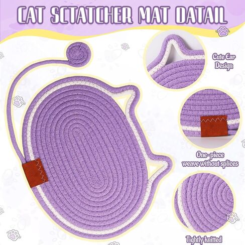 2 PC Cat Scratcher Mat - Natural Cotton Rope Oval Horizontal Scratch Pad (11''x13.7'') with Dangling Ball Toy, Cat Ear Design, Furniture Protector for Floor/Wall, Durable Handmade (Grey, 2 PC) in Saudi Arabia