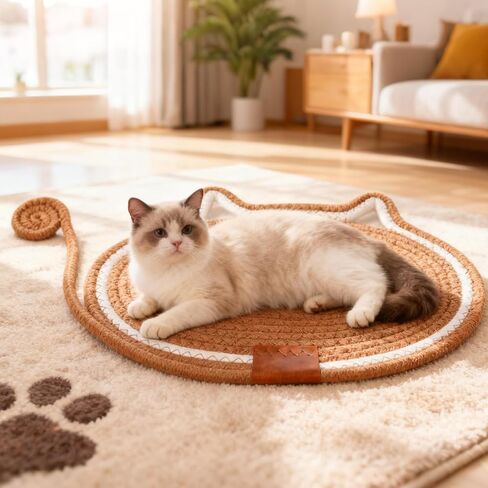 2 PC Cat Scratcher Mat - Natural Cotton Rope Oval Horizontal Scratch Pad (11''x13.7'') with Dangling Ball Toy, Cat Ear Design, Furniture Protector for Floor/Wall, Durable Handmade (Grey, 2 PC) in Saudi Arabia