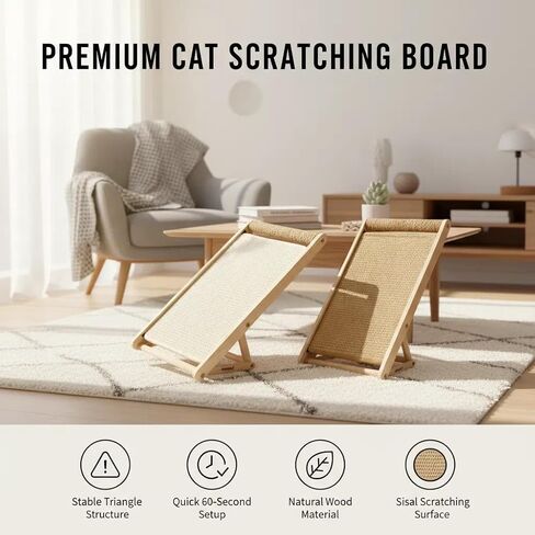Cat Scratcher with Ramp, 22-inch Natural Sisal & Solid Wood, Tool-Free 2-Step Assembly, Stable Triangle Base for Indoor Cats (Brown) in Saudi Arabia
