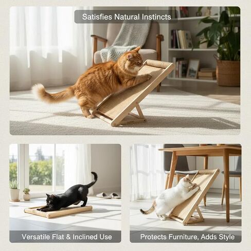Cat Scratcher with Ramp, 22-inch Natural Sisal & Solid Wood, Tool-Free 2-Step Assembly, Stable Triangle Base for Indoor Cats (Brown) in Saudi Arabia