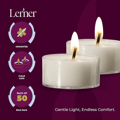 شموع Lerner Clear Tea Lights كبيرة - 4.5 ساعة كوب شفاف Tealight 50 عبوة - حرق نظيف متسق بدون رائحة - شموع العطلات، الزفاف، المنتجعات الصحية، الطوارئ وديكور المنزل in Saudi Arabia
