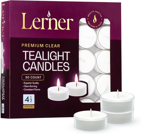 شموع Lerner Clear Tea Lights كبيرة - 4.5 ساعة كوب شفاف Tealight 50 عبوة - حرق نظيف متسق بدون رائحة - شموع العطلات، الزفاف، المنتجعات الصحية، الطوارئ وديكور المنزل in Saudi Arabia