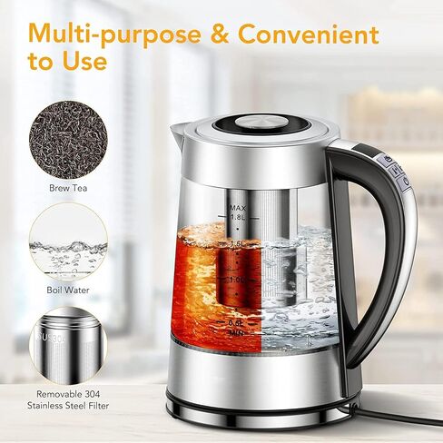 Electric Kettle with Temperature Control for Tea and Coffee, 1.8L 1500W, Keep Warm - Removable Infuser, Glass Tea Kettle Hot Water Boiler, BPA Free, Auto Shut Off, Boil-Dry Protection, Stainless Steel in Saudi Arabia