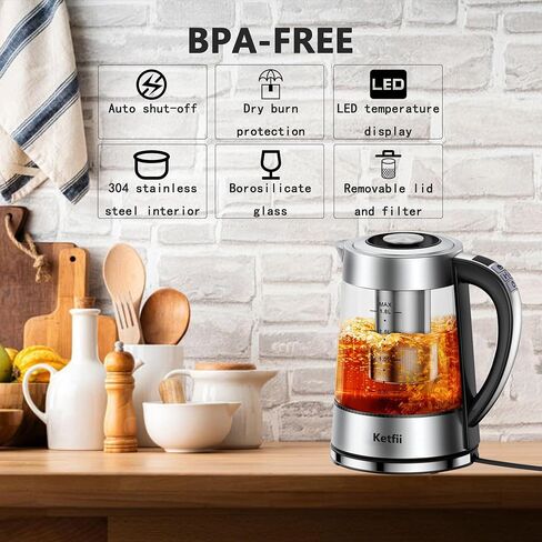Electric Kettle with Temperature Control for Tea and Coffee, 1.8L 1500W, Keep Warm - Removable Infuser, Glass Tea Kettle Hot Water Boiler, BPA Free, Auto Shut Off, Boil-Dry Protection, Stainless Steel in Saudi Arabia