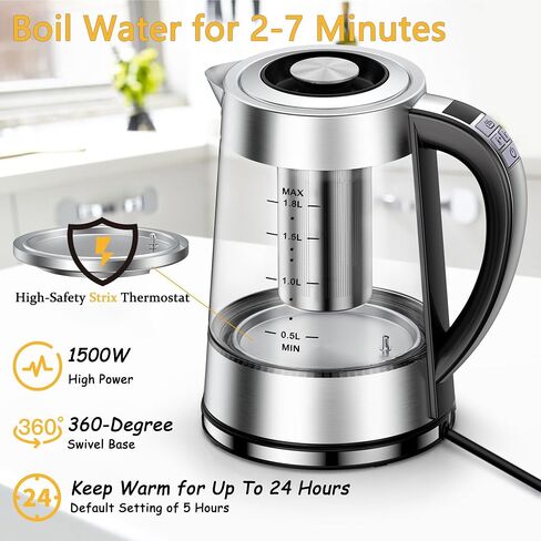 Electric Kettle with Temperature Control for Tea and Coffee, 1.8L 1500W, Keep Warm - Removable Infuser, Glass Tea Kettle Hot Water Boiler, BPA Free, Auto Shut Off, Boil-Dry Protection, Stainless Steel in Saudi Arabia