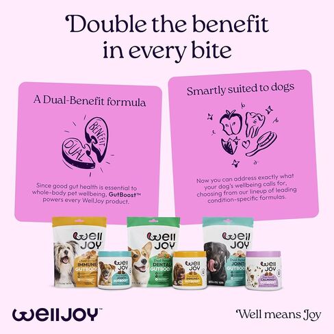 ملحق WellJoy للكلاب المهدئ + GutBoost | ملحق صحة الكلب | يعزز الاسترخاء والهدوء | تركيبة GutBoost ثنائية الفائدة | تركيبة بيطرية | صنع في الولايات المتحدة الأمريكية | نكهة الدجاج | 90 مضغة ناعمة in Kuwait