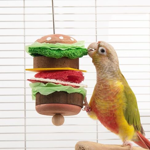 Bird Toys & Bird Perch, Bird Wooden Block Chewing Toy Parrot Foraging & Puzzle Toys Bird Cage Accessories for Conures Parakeets Cockatiels Lovebirds African Grey Macaws (Burger FruitFork) in Saudi Arabia