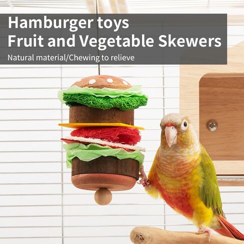 Bird Toys & Bird Perch, Bird Wooden Block Chewing Toy Parrot Foraging & Puzzle Toys Bird Cage Accessories for Conures Parakeets Cockatiels Lovebirds African Grey Macaws (Burger FruitFork) in Saudi Arabia