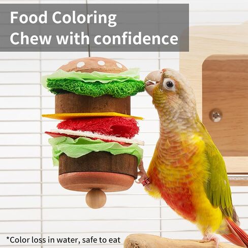 Bird Toys & Bird Perch, Bird Wooden Block Chewing Toy Parrot Foraging & Puzzle Toys Bird Cage Accessories for Conures Parakeets Cockatiels Lovebirds African Grey Macaws (Burger FruitFork) in Saudi Arabia