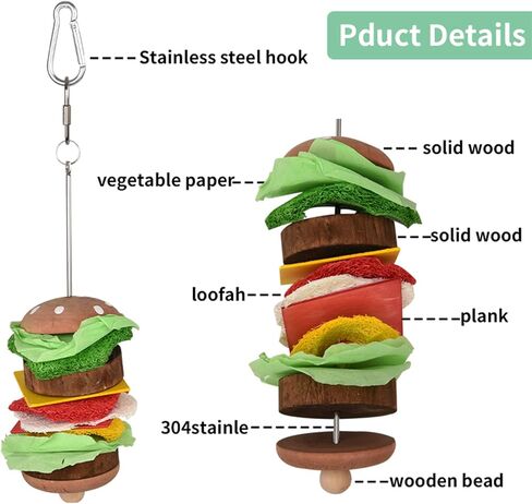 Bird Toys & Bird Perch, Bird Wooden Block Chewing Toy Parrot Foraging & Puzzle Toys Bird Cage Accessories for Conures Parakeets Cockatiels Lovebirds African Grey Macaws (Burger FruitFork) in Saudi Arabia