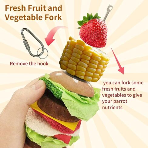 Bird Toys & Bird Perch, Bird Wooden Block Chewing Toy Parrot Foraging & Puzzle Toys Bird Cage Accessories for Conures Parakeets Cockatiels Lovebirds African Grey Macaws (Burger FruitFork) in Saudi Arabia
