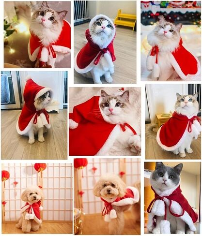 Christmas Pet Costumes - Festive Dog & Cat Outfits | Red Hooded Cape, Polyester Material | Machine Washable, Ideal for Stocking Stuffers in Saudi Arabia
