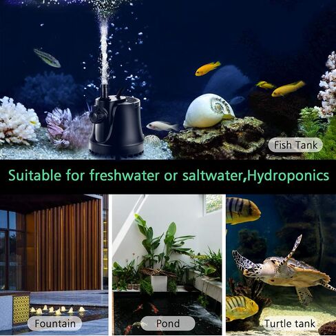 AQQA Submersible Pump,Ultra-quiet Fountain Water Pump，360°Powerful Bottom Intake With High Lift,Adjustable Flow Rate 2 Nozzles 6ft Power Cord For Aquarium, Fish Tank, Pond, Hydroponics 800GPH 3000L/H in Saudi Arabia