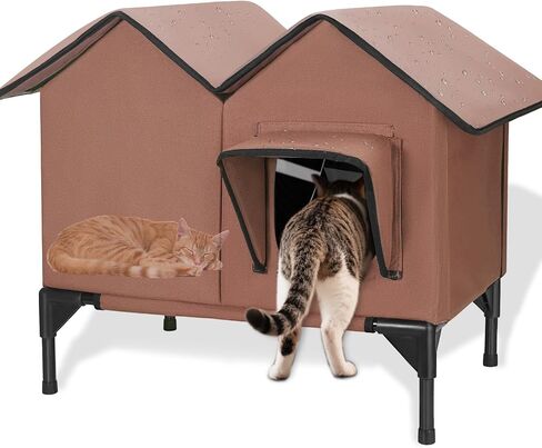 Cat House for Outdoor Cats, Large Outdoor Cat House Weatherproof with Elevated Base, Waterproof Insulated Feral Outdoor Cat Shelter for Multiple Cats Small Dogs (Tan, Large) in Saudi Arabia