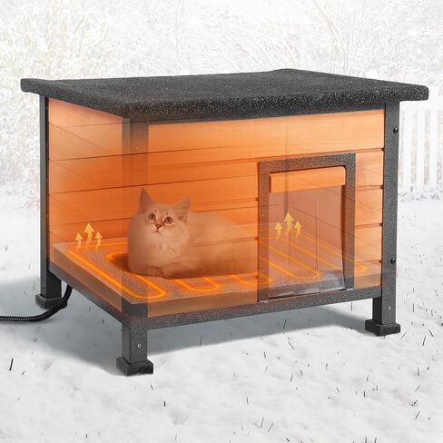 Heated Outdoor Cat House with Heating Pad - Weatherproof Winter Insulated Shelter for Outdoor Cats with Escape Door & PVC Flap, All-Steel Frame and Wooden Construction, Brown in Saudi Arabia