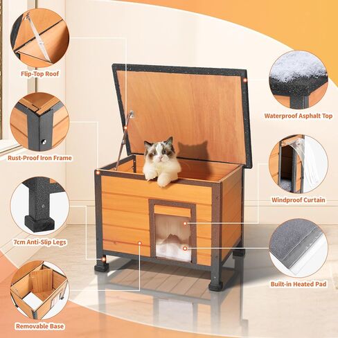 Heated Outdoor Cat House with Heating Pad - Weatherproof Winter Insulated Shelter for Outdoor Cats with Escape Door & PVC Flap, All-Steel Frame and Wooden Construction, Brown in Saudi Arabia