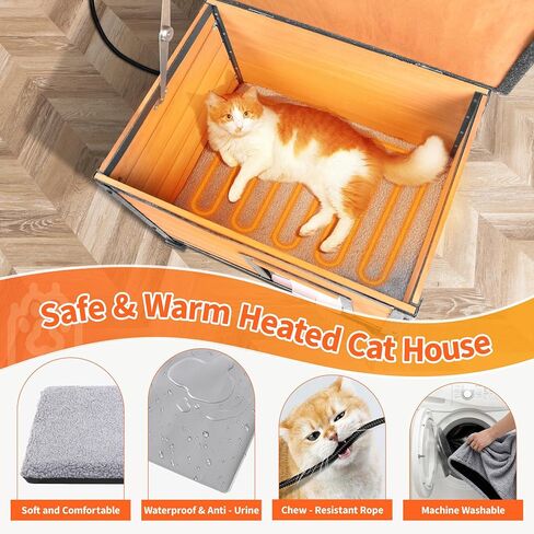 Heated Outdoor Cat House with Heating Pad - Weatherproof Winter Insulated Shelter for Outdoor Cats with Escape Door & PVC Flap, All-Steel Frame and Wooden Construction, Brown in Saudi Arabia