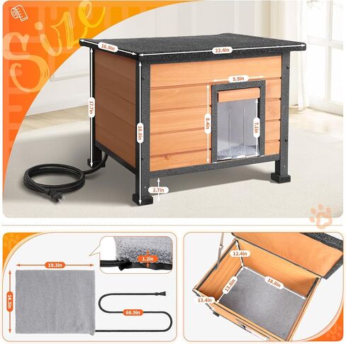 Heated Outdoor Cat House with Heating Pad - Weatherproof Winter Insulated Shelter for Outdoor Cats with Escape Door & PVC Flap, All-Steel Frame and Wooden Construction, Brown in Saudi Arabia