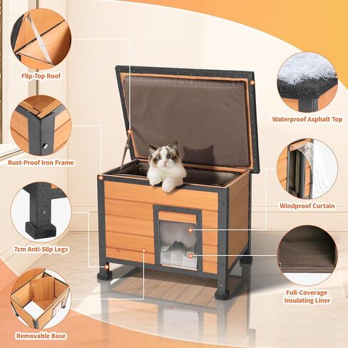 Heated Outdoor Cat House with Heating Pad - Weatherproof Winter Insulated Shelter for Outdoor Cats with Escape Door & PVC Flap, All-Steel Frame and Wooden Construction, Brown in Saudi Arabia