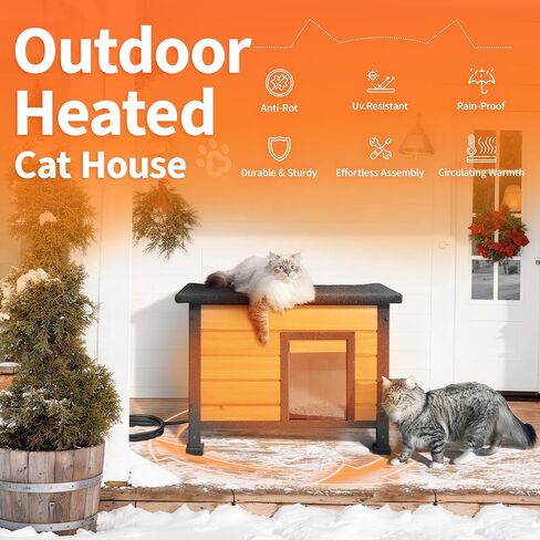 Heated Outdoor Cat House with Heating Pad - Weatherproof Winter Insulated Shelter for Outdoor Cats with Escape Door & PVC Flap, All-Steel Frame and Wooden Construction, Brown in Saudi Arabia