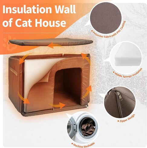 Heated Outdoor Cat House with Heating Pad - Weatherproof Winter Insulated Shelter for Outdoor Cats with Escape Door & PVC Flap, All-Steel Frame and Wooden Construction, Brown in Saudi Arabia