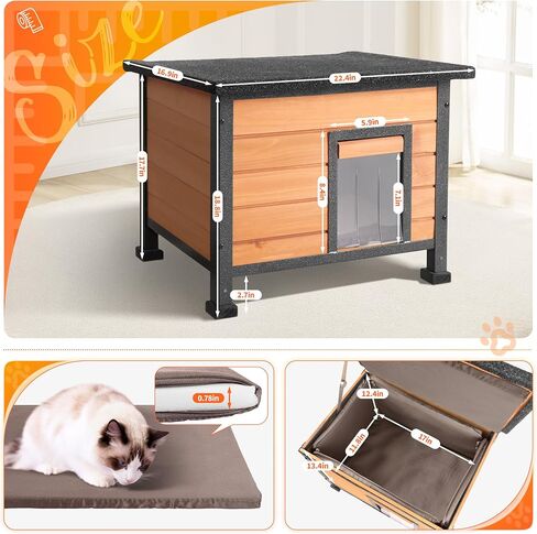 Heated Outdoor Cat House with Heating Pad - Weatherproof Winter Insulated Shelter for Outdoor Cats with Escape Door & PVC Flap, All-Steel Frame and Wooden Construction, Brown in Saudi Arabia