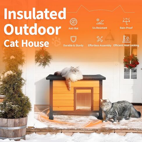 Heated Outdoor Cat House with Heating Pad - Weatherproof Winter Insulated Shelter for Outdoor Cats with Escape Door & PVC Flap, All-Steel Frame and Wooden Construction, Brown in Saudi Arabia
