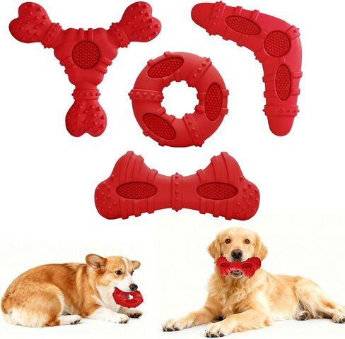 Dog Chew Toys for Aggressive Chewers, 4 Pack Natural Rubber Dog Toys,Teething Toys for Puppies, Soft Durable Interactive Chew Toy for Puppy Teeth Cleaning and Gum Massage (Red) in Saudi Arabia