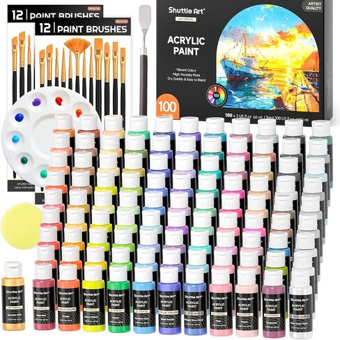 Shuttle Art Metallic Acrylic Paint Set, 20 Colors Metallic Paint in Bottles (60ml, 2oz) with 3 Brushes and 1 Palette, Rich Pigments, Non-Toxic for Artists, Beginners on Rocks Crafts CanvasWood Fabric in Kuwait