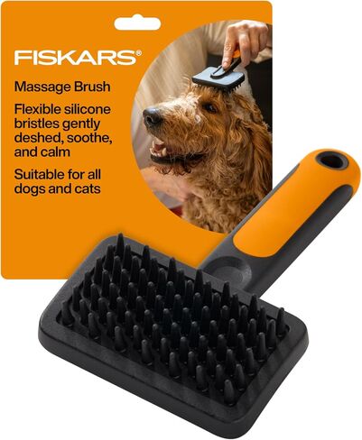 Fiskars Pet Massage Brush, Cat and Dog Brush, Flexible Silicone Bristles & SoftGrip™ Handle for Gentle Deshedding, 6.5", Orange/Black in Saudi Arabia