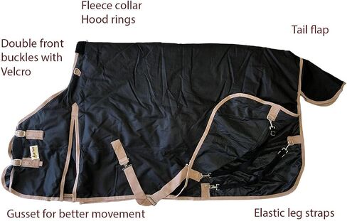 AJ Tack 1200D Waterproof Winter Horse Blanket - 400g Heavyweight Turnout with Fleece Collar, Shoulder Gussets & Tail Flap - Black 78" in Saudi Arabia