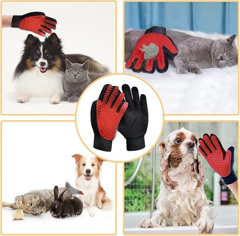 Pet Grooming Gloves for Cats and Dogs 1 Pair 2-in-1 Deshedding Brush and Massage Mitt Efficient Hair Remover Glove for Shedding and Bathing Safe for All Breeds Red in Saudi Arabia