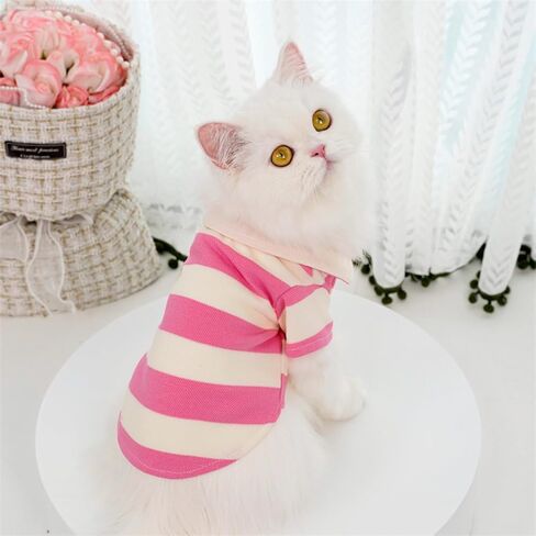Summer Striped Pet T-Shirt for Small Dogs & Cats - Breathable Cotton Blend, Pink, roll Neck Design for Chihuahua, Poodle, Yorkie (M) in Kuwait
