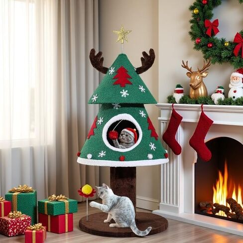 GOOBED Christmas Cat Tree with Reindeer Ears & Star Top, 47" Cat Tower with Cozy Bed, Teaser Ball & Snowflake Ornaments, Festive Cat Furniture for Indoor, Christmas Decoration, Green in Saudi Arabia