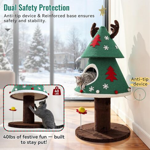 GOOBED Christmas Cat Tree with Reindeer Ears & Star Top, 47" Cat Tower with Cozy Bed, Teaser Ball & Snowflake Ornaments, Festive Cat Furniture for Indoor, Christmas Decoration, Green in Saudi Arabia