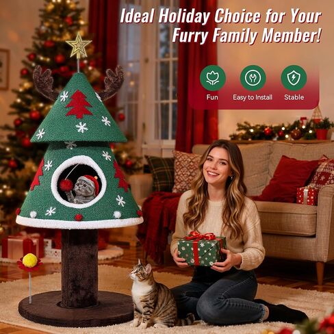 GOOBED Christmas Cat Tree with Reindeer Ears & Star Top, 47" Cat Tower with Cozy Bed, Teaser Ball & Snowflake Ornaments, Festive Cat Furniture for Indoor, Christmas Decoration, Green in Saudi Arabia