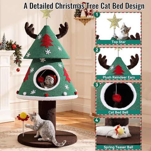 GOOBED Christmas Cat Tree with Reindeer Ears & Star Top, 47" Cat Tower with Cozy Bed, Teaser Ball & Snowflake Ornaments, Festive Cat Furniture for Indoor, Christmas Decoration, Green in Saudi Arabia