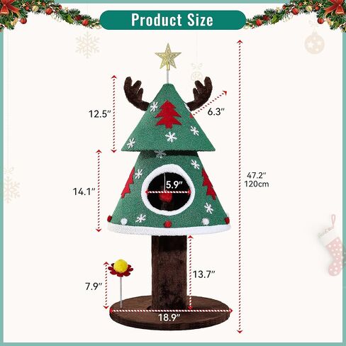 GOOBED Christmas Cat Tree with Reindeer Ears & Star Top, 47" Cat Tower with Cozy Bed, Teaser Ball & Snowflake Ornaments, Festive Cat Furniture for Indoor, Christmas Decoration, Green in Saudi Arabia
